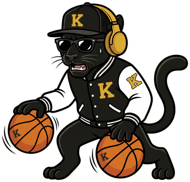 Koko the Kat dribbling two basketballs.